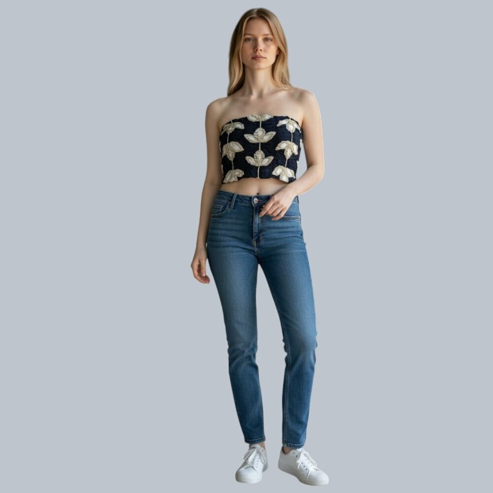 Zara Woman Embroidered Strapless Cropped Top Bustier Boho Black Beige Size L NWT